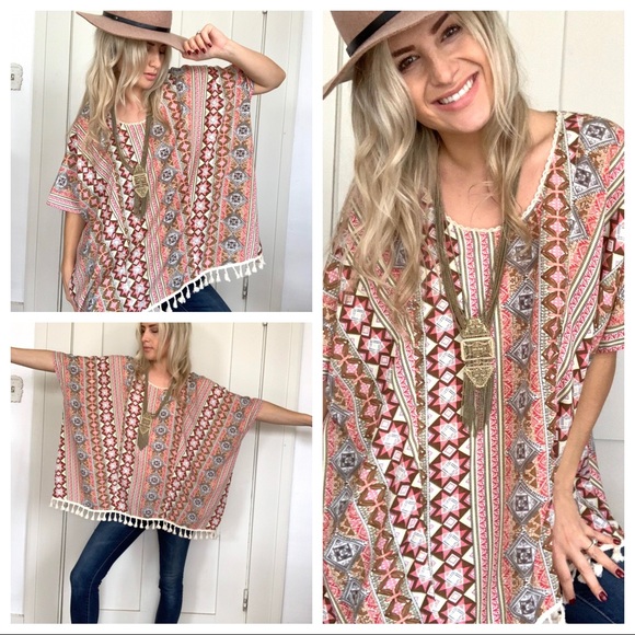 Kori Tops - Kori Tassel Fringe Poncho Tribal Coral Tan Cream S